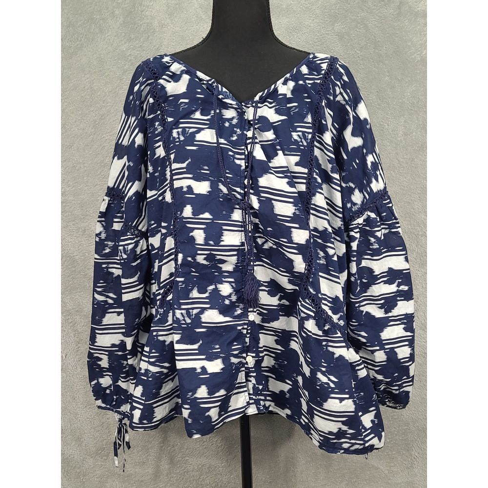 LANE BRYANT Navy White Lace Tassel Tie Peasant Boho Blouse Sz 22/24 Beach